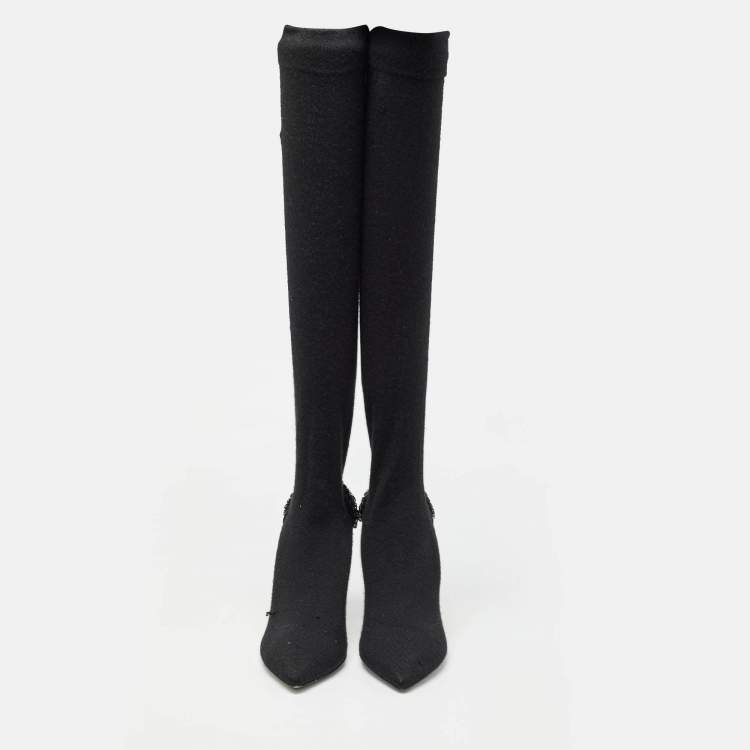 Pre Owned René Caovilla Black Knit Fabric Embellished Sock Boots Size 41