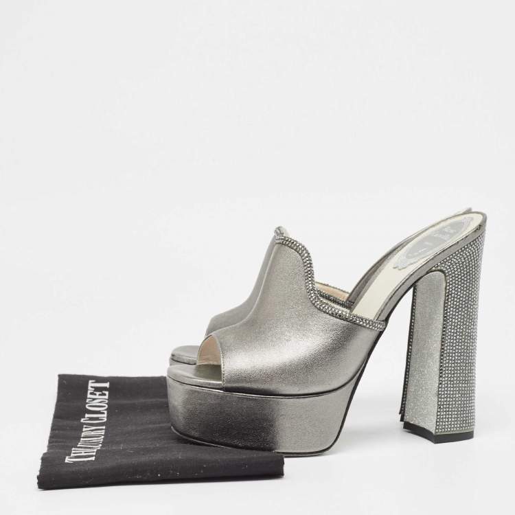 Pre Owned René Caovilla Metallic Leather Crystal Embellished Slide Sandals Size 39