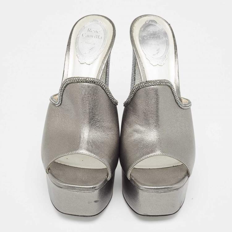 Pre Owned René Caovilla Metallic Leather Crystal Embellished Slide Sandals Size 39