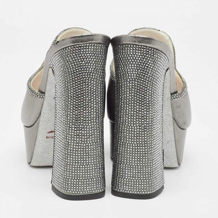 Pre Owned René Caovilla Metallic Leather Crystal Embellished Slide Sandals Size 39