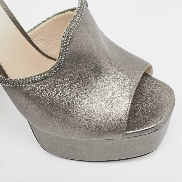 Pre Owned René Caovilla Metallic Leather Crystal Embellished Slide Sandals Size 39
