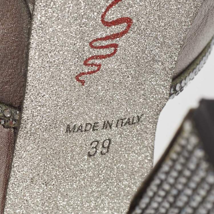 Pre Owned René Caovilla Metallic Leather Crystal Embellished Slide Sandals Size 39