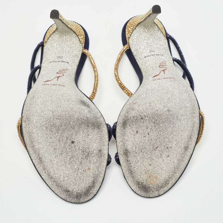 Pre Owned René Caovilla Blue/Gold Satin Crystals Embellished Slide Sandals Size 36
