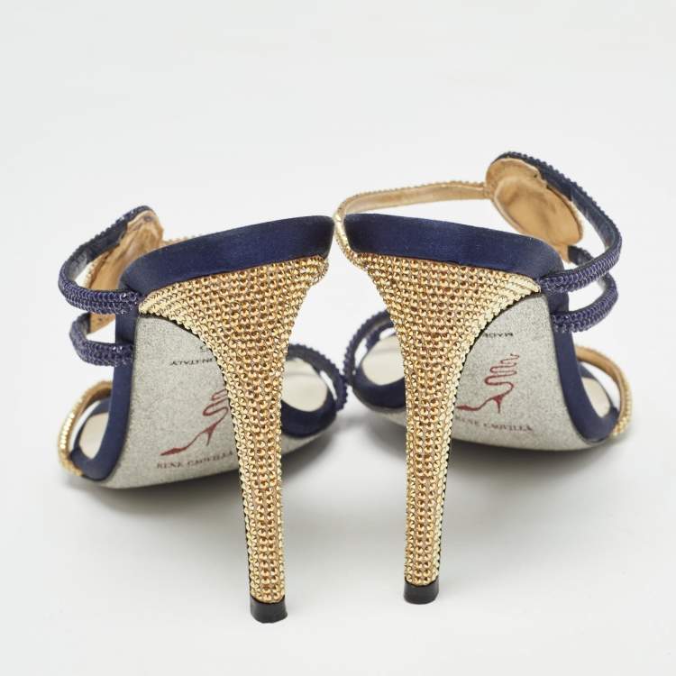 Pre Owned René Caovilla Blue/Gold Satin Crystals Embellished Slide Sandals Size 36