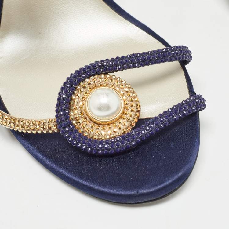Pre Owned René Caovilla Blue/Gold Satin Crystals Embellished Slide Sandals Size 36