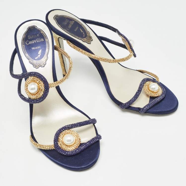 Pre Owned René Caovilla Blue/Gold Satin Crystals Embellished Slide Sandals Size 36