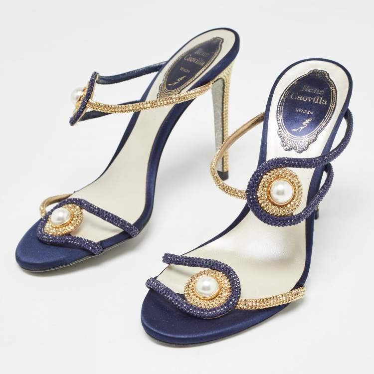 Pre Owned René Caovilla Blue/Gold Satin Crystals Embellished Slide Sandals Size 36