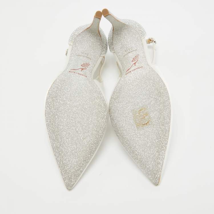 Pre Owned René Caovilla White Satin Crystal Embellished Slingback Ankle Strap Pumps Size 34.5 