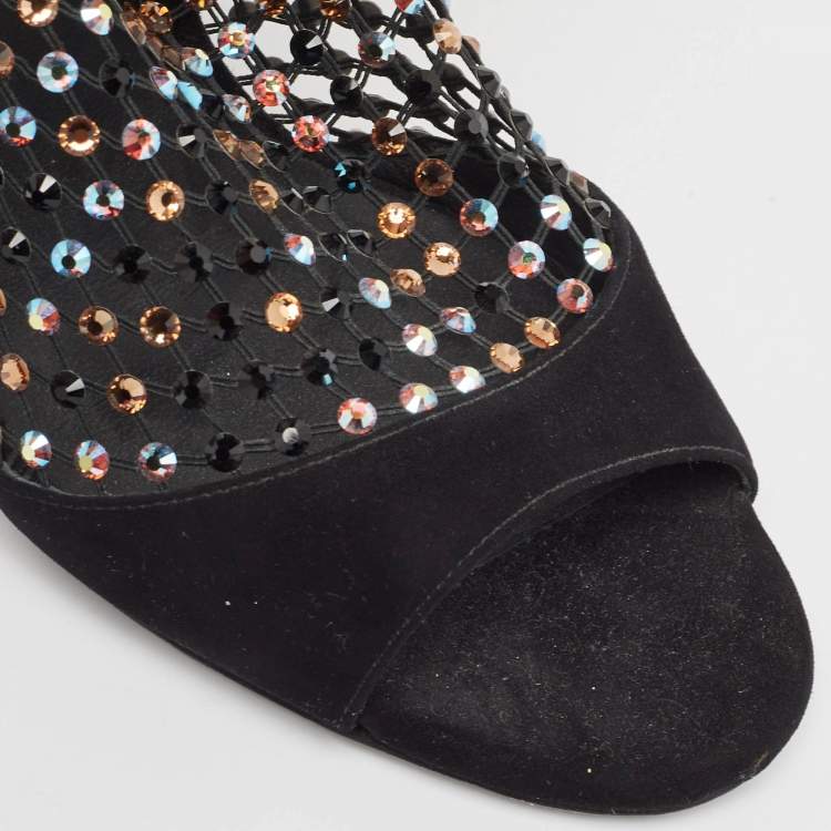 Pre Owned Rene Caovilla Black Suede and Mesh Crystal Embellished Galaxia Sandals Size 38