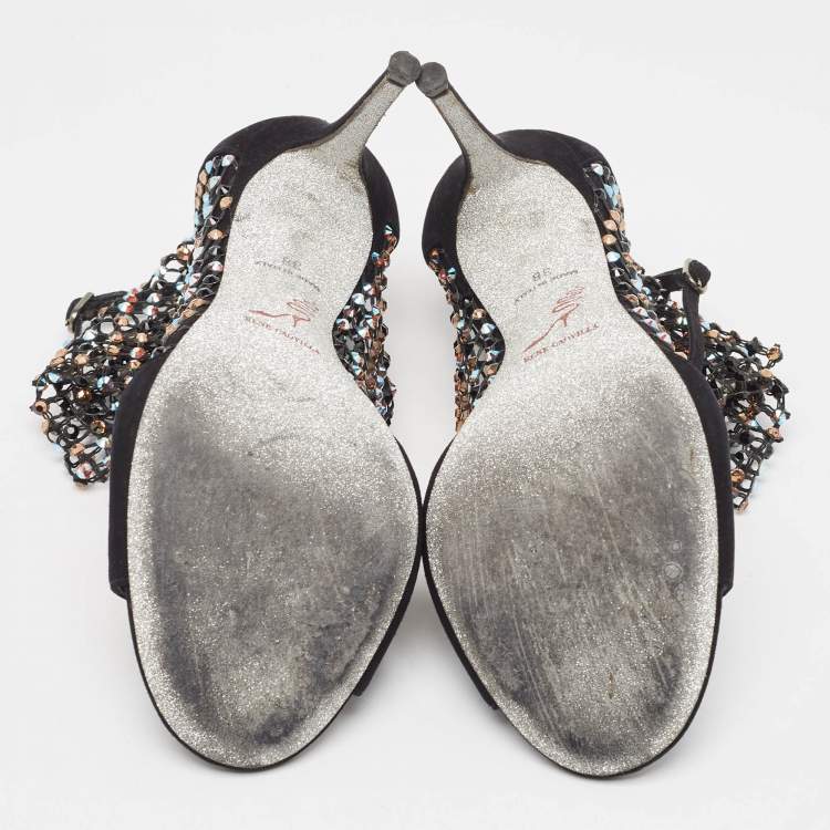 Pre Owned Rene Caovilla Black Suede and Mesh Crystal Embellished Galaxia Sandals Size 38