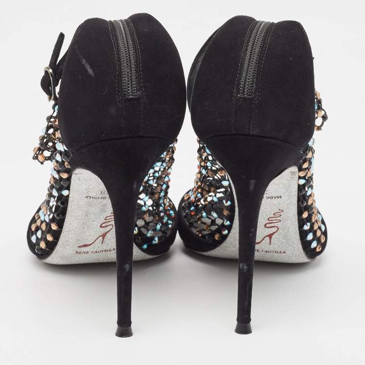 Pre Owned Rene Caovilla Black Suede and Mesh Crystal Embellished Galaxia Sandals Size 38