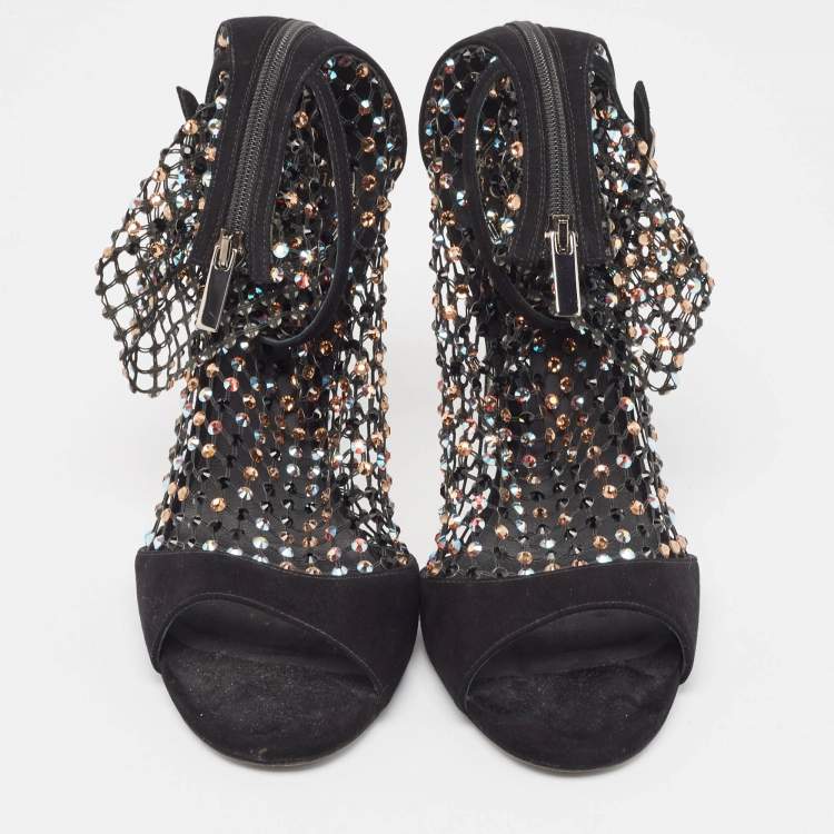 Pre Owned Rene Caovilla Black Suede and Mesh Crystal Embellished Galaxia Sandals Size 38