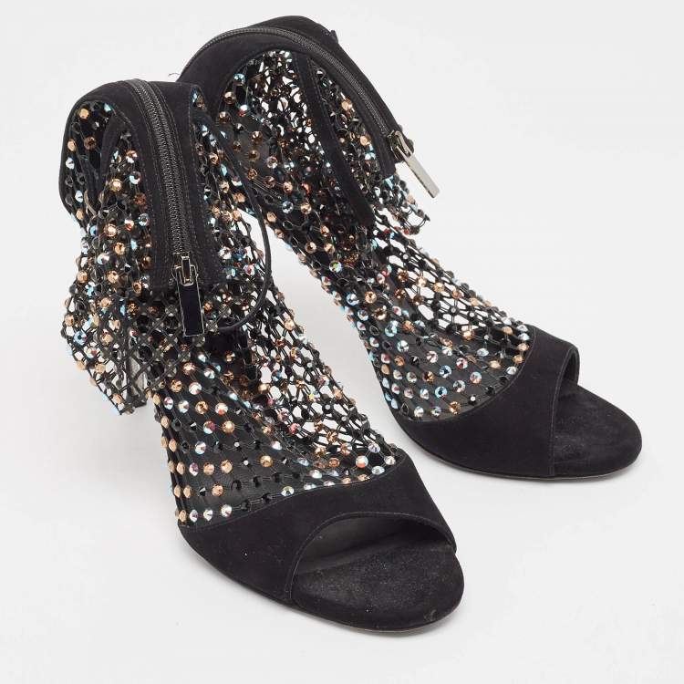 Pre Owned Rene Caovilla Black Suede and Mesh Crystal Embellished Galaxia Sandals Size 38
