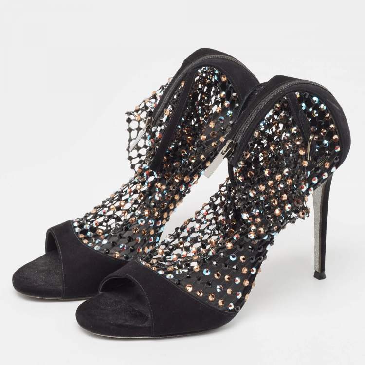 Pre Owned Rene Caovilla Black Suede and Mesh Crystal Embellished Galaxia Sandals Size 38