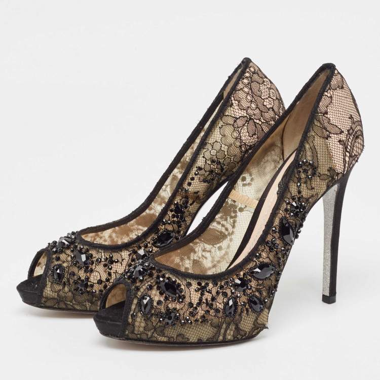 Pre Owned René Caovilla Black/Beige Lace and Mesh Peep Toe Pumps Size 37.5