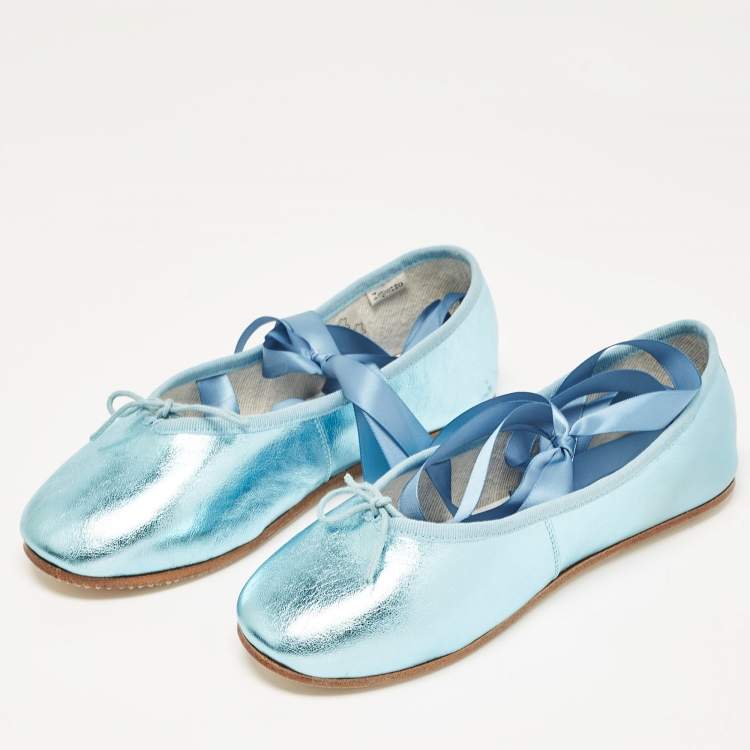 Pre Owned Repetto Metallic Blue Leather Sophia Ballet Flats Size 38