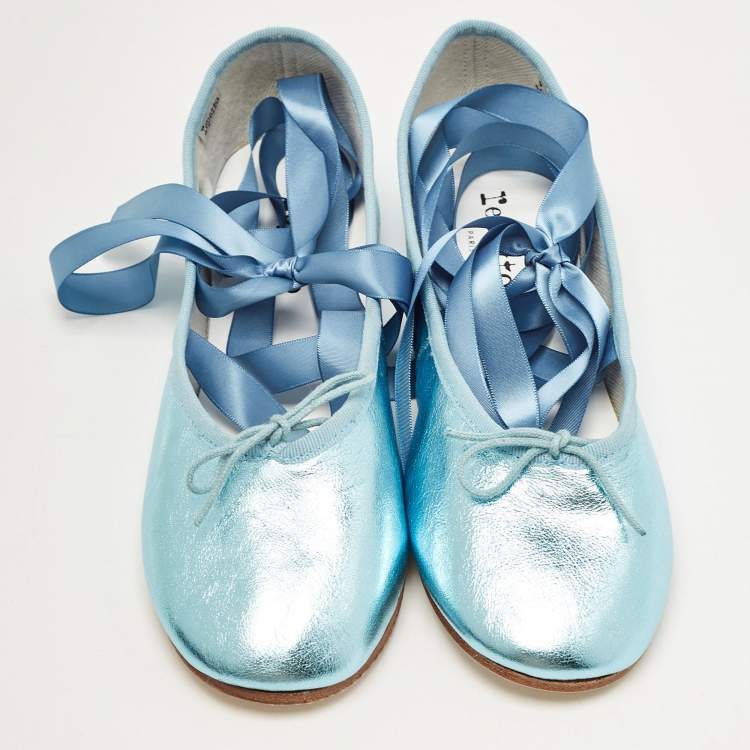 Pre Owned Repetto Metallic Blue Leather Sophia Ballet Flats Size 38
