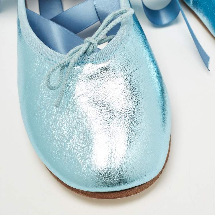 Pre Owned Repetto Metallic Blue Leather Sophia Ballet Flats Size 38
