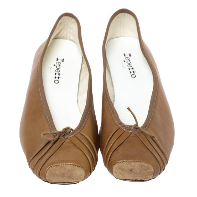 Pre Owned Repetto Brown Pleated Leather Bow Square Toe Ballet Flats Size 39