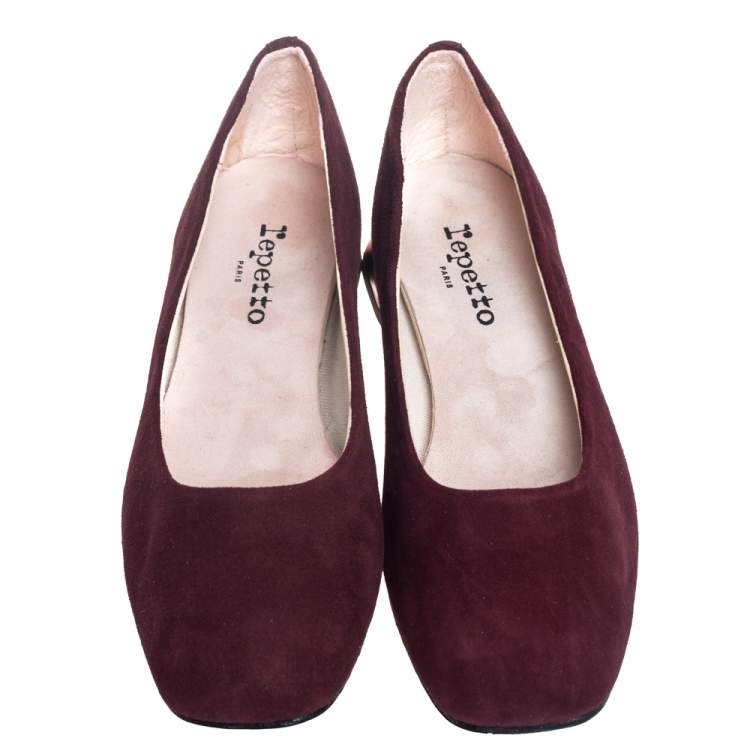 Pre Owned Repetto Burgundy Suede Block Heel Ballerina Size 37.5