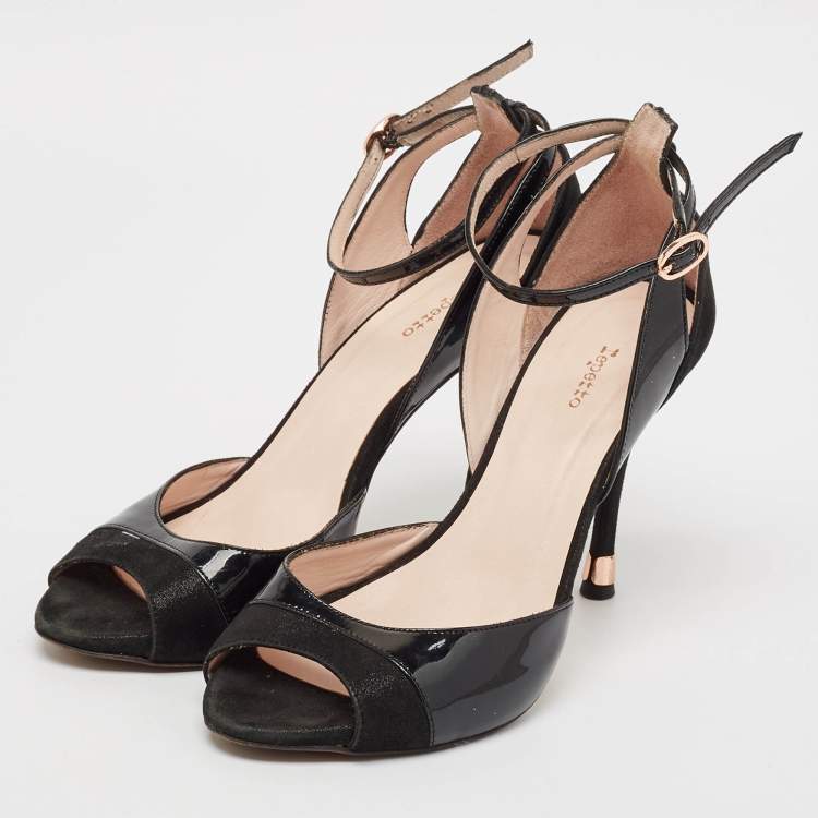 Pre Owned Repetto Black Patent And Suede Ankle Strap Peep Toe Pumps Size 38.5