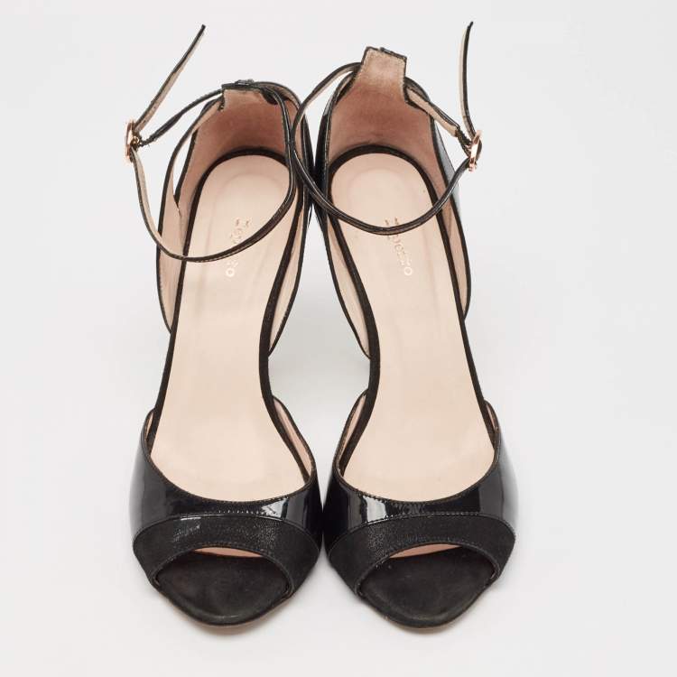 Pre Owned Repetto Black Patent And Suede Ankle Strap Peep Toe Pumps Size 38.5
