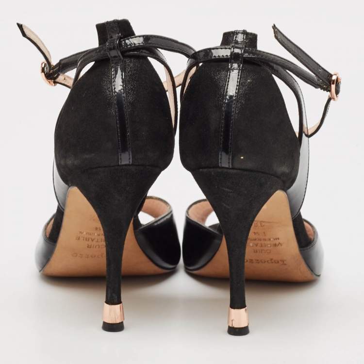 Pre Owned Repetto Black Patent And Suede Ankle Strap Peep Toe Pumps Size 38.5