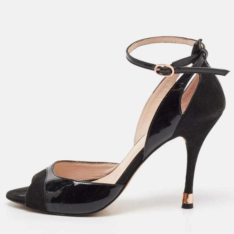 Pre Owned Repetto Black Patent And Suede Ankle Strap Peep Toe Pumps Size 38.5