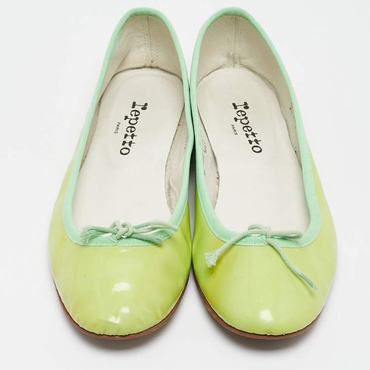 Pre Owned Repetto Neon Green Patent Leather Bow Ballet Flats Size 38.5