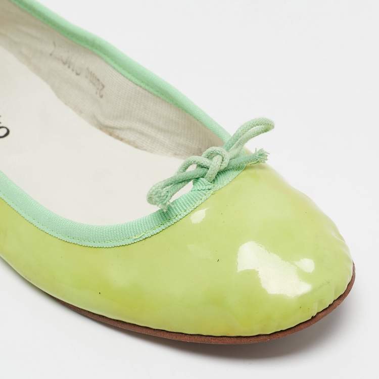 Pre Owned Repetto Neon Green Patent Leather Bow Ballet Flats Size 38.5