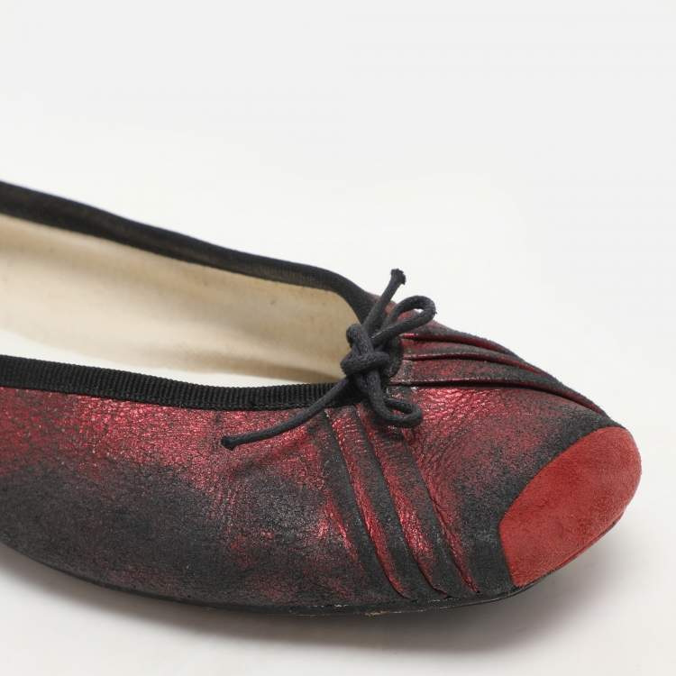 Pre Owned Repetto Black/Red Metallic Leather Bow Ballet Flats Size 39