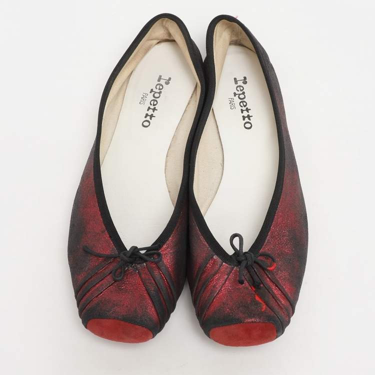 Pre Owned Repetto Black/Red Metallic Leather Bow Ballet Flats Size 39