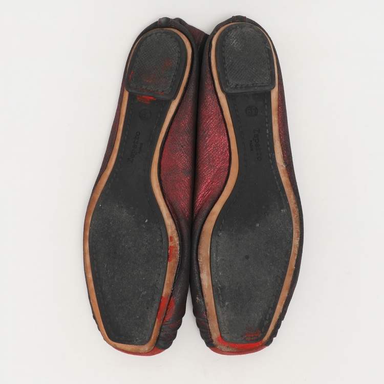 Pre Owned Repetto Black/Red Metallic Leather Bow Ballet Flats Size 39