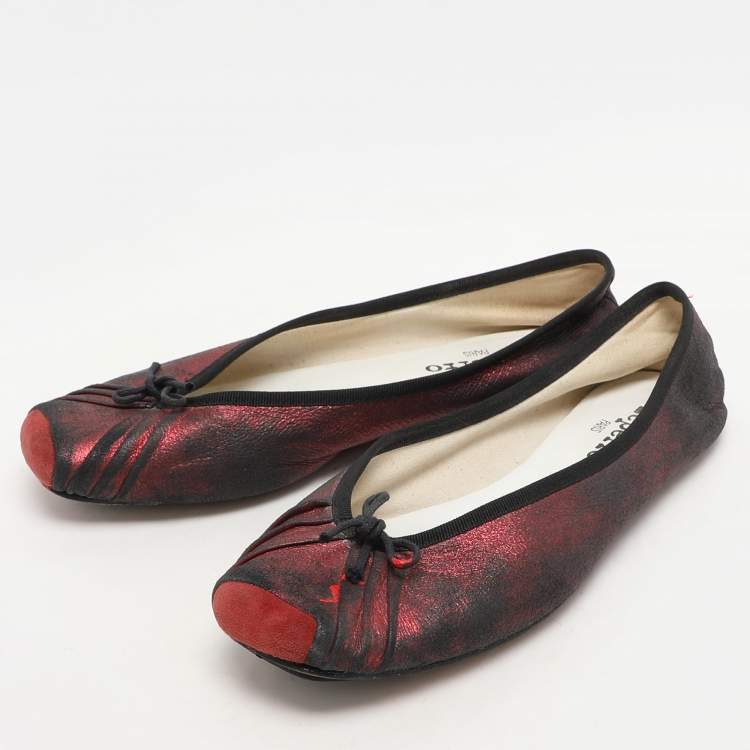 Pre Owned Repetto Black/Red Metallic Leather Bow Ballet Flats Size 39