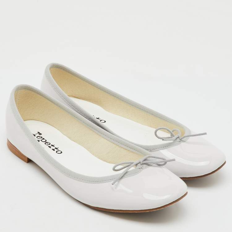 Pre Owned Repetto Light Grey Patent Leather Bow Ballet Flats Size 37.5
