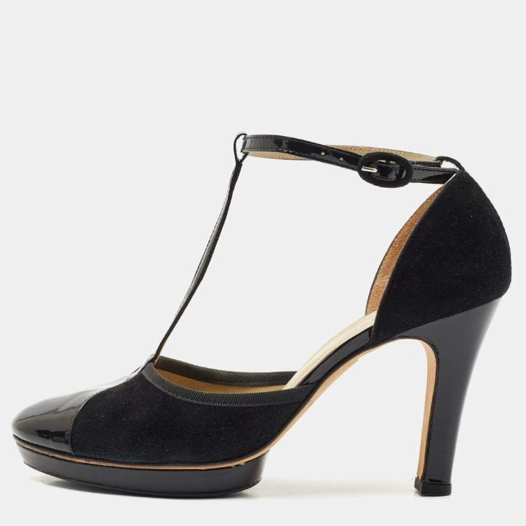 Pre Owned Repetto Black Patent And Suede Ankle Strap Peep Toe Pumps Size 41
