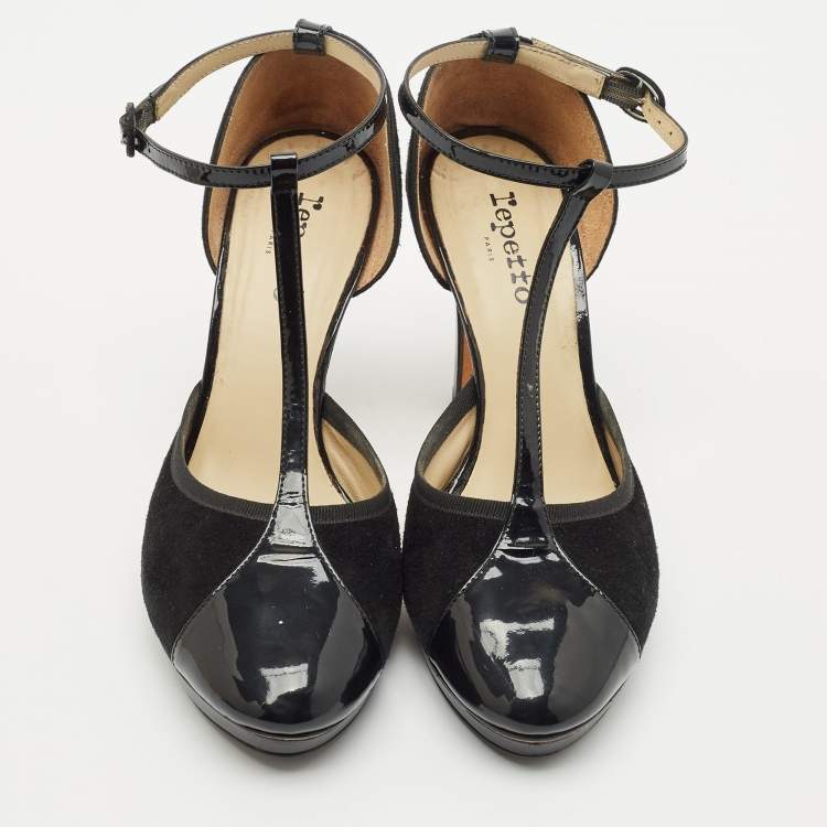 Pre Owned Repetto Black Patent And Suede Ankle Strap Peep Toe Pumps Size 41