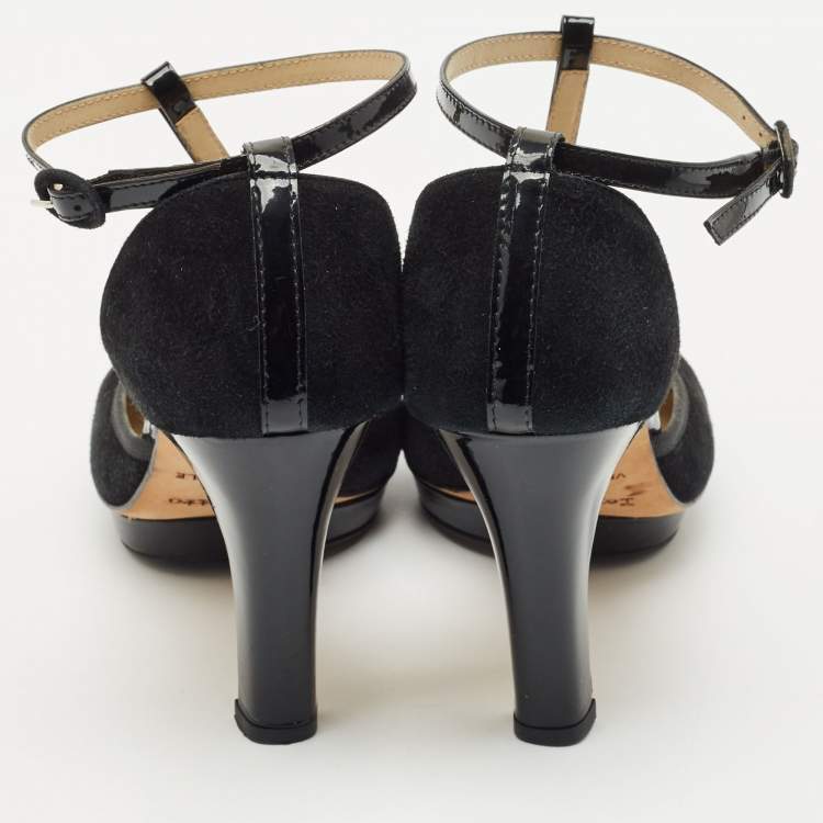Pre Owned Repetto Black Patent And Suede Ankle Strap Peep Toe Pumps Size 41