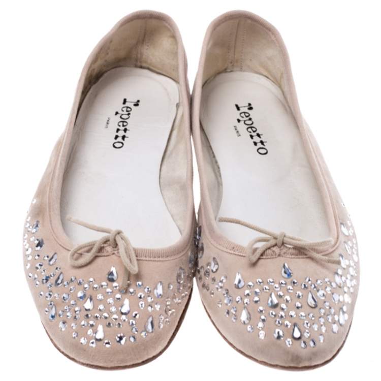 Pre Owned Repetto Beige Suede Crystal Embellished Ballet Flats Size 39