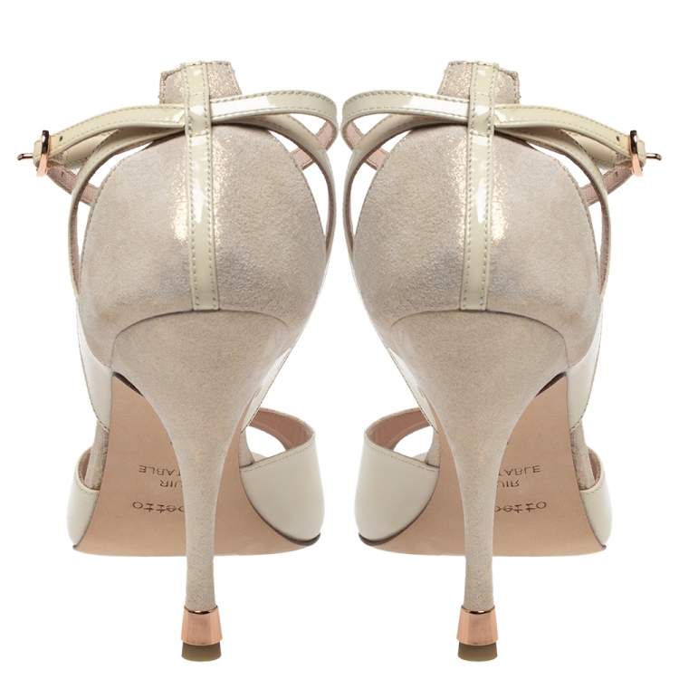Pre Owned Repetto Cream/Off-White Patent And Nubuck Ankle Strap Peep Toe Pumps Size 40