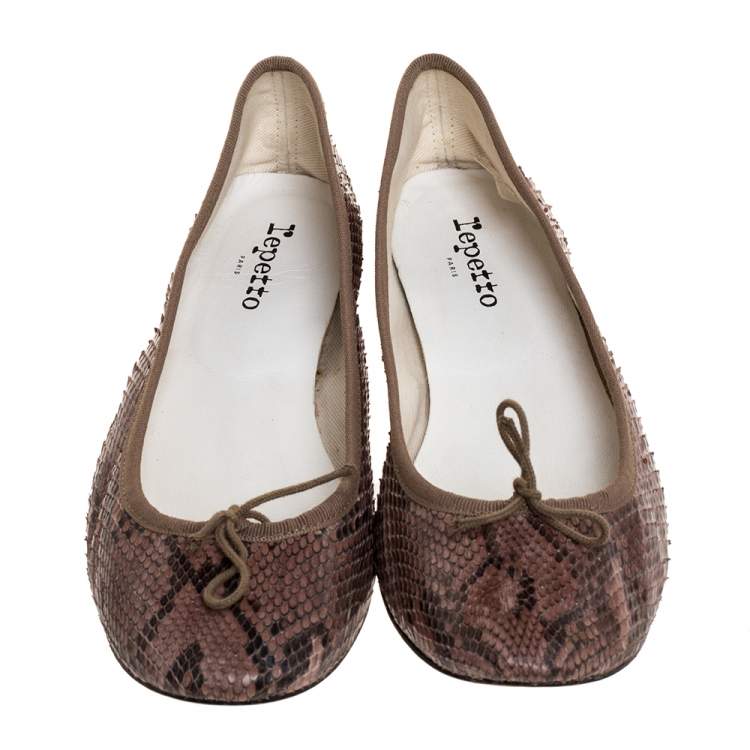 Pre Owned Repetto Brown Python Leather Bow Ballet Flats Size 41