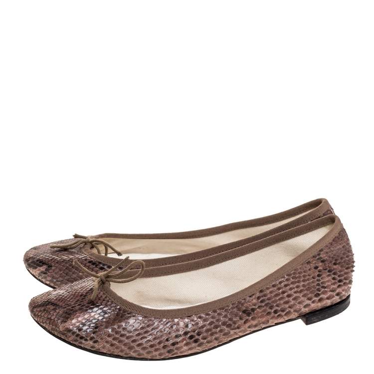 Pre Owned Repetto Brown Python Leather Bow Ballet Flats Size 41