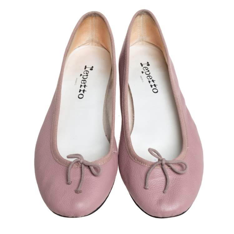 Pre Owned Repetto Beige Leather Bow Embellished Ballet Flats Size 39