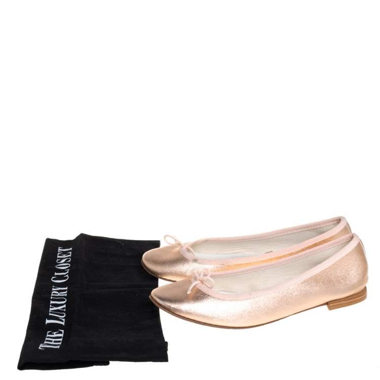 Pre Owned Repetto Metallic Gold Leather Bow Ballet Flats Size 37
