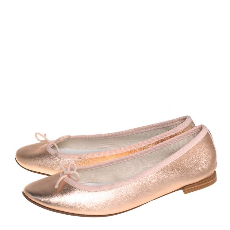 Pre Owned Repetto Metallic Gold Leather Bow Ballet Flats Size 37