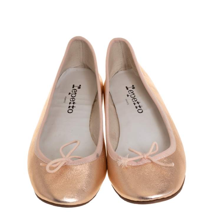 Pre Owned Repetto Metallic Gold Leather Bow Ballet Flats Size 37