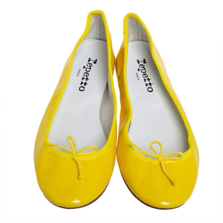 Pre Owned Repetto Yellow Patent Leather Bow Ballet Flats Size 38