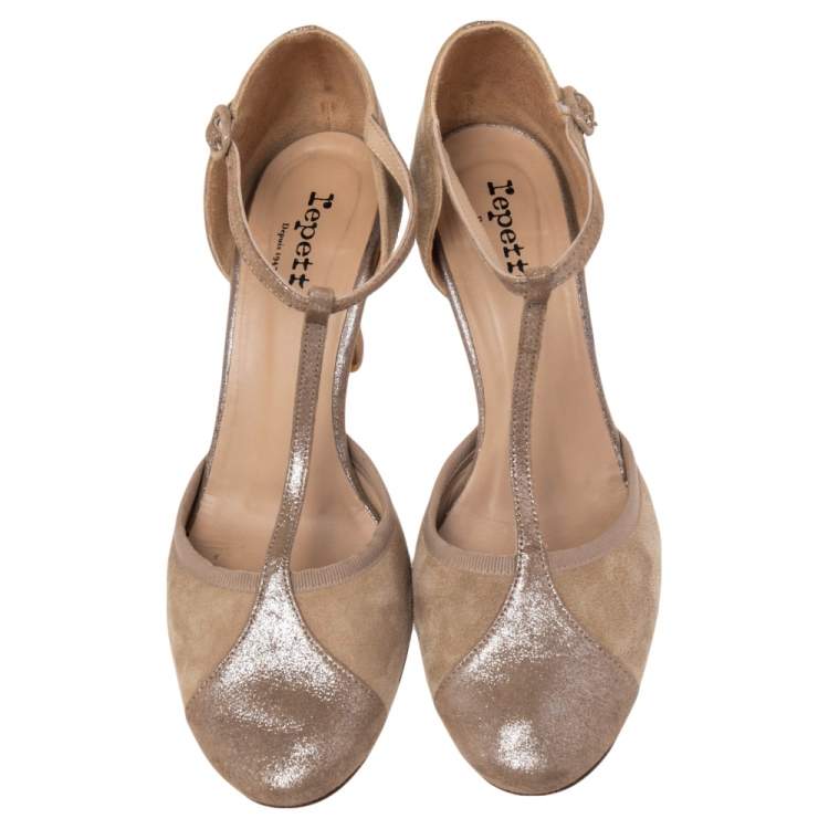 Pre Owned Repetto Beige Suede T-strap Pumps Size 40