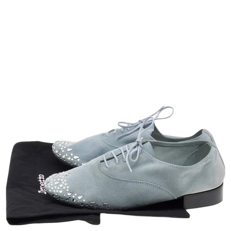 Pre Owned Repetto Blue Suede Crystal Embellished Oxfords Size 36