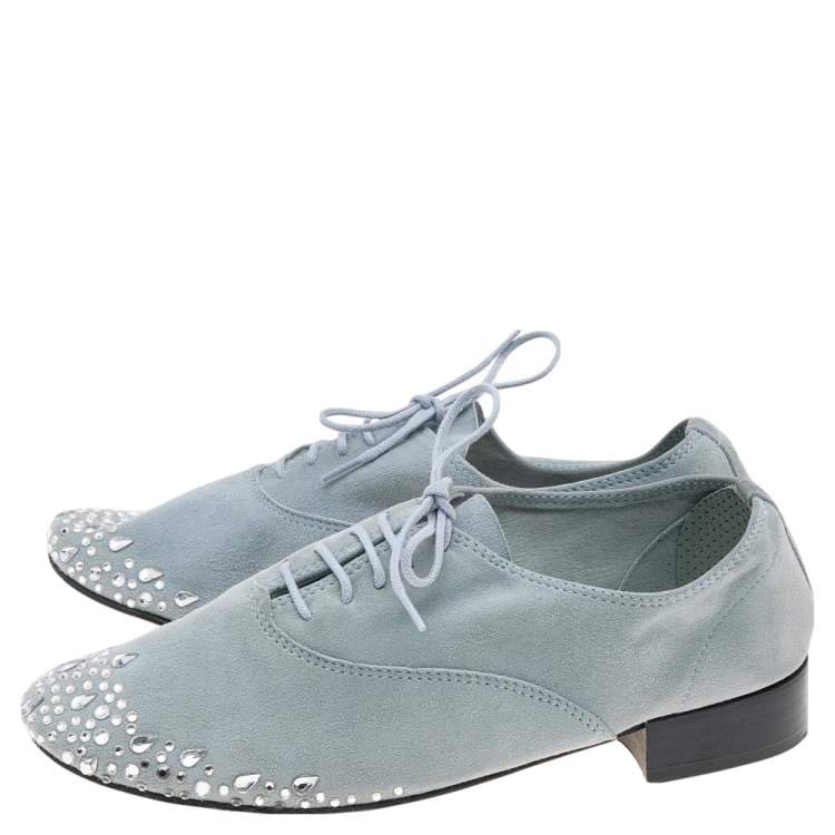 Pre Owned Repetto Blue Suede Crystal Embellished Oxfords Size 36